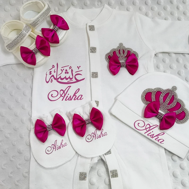 Name Personalized 4pcs Crown Jewelry Welcome Home Romper Baby Clothing Baby Girl Boy Toddler\'s Cotton Outfits Newborn Gift