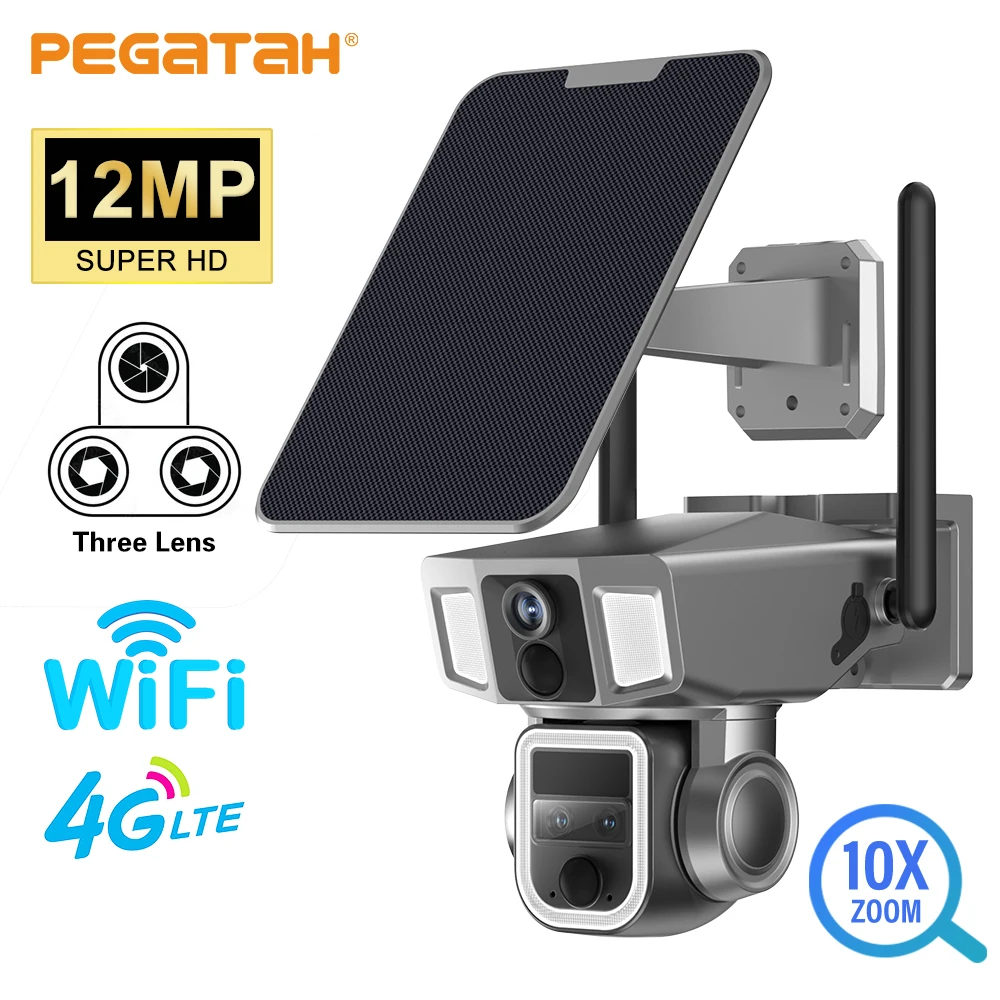 

PEGATAH 12MP 4G Solar Security Camera Outdoor 10X Zoom Three Lens Screen Wireless Cameras 4K WiFi PTZ Cam Human Tracking CCTV