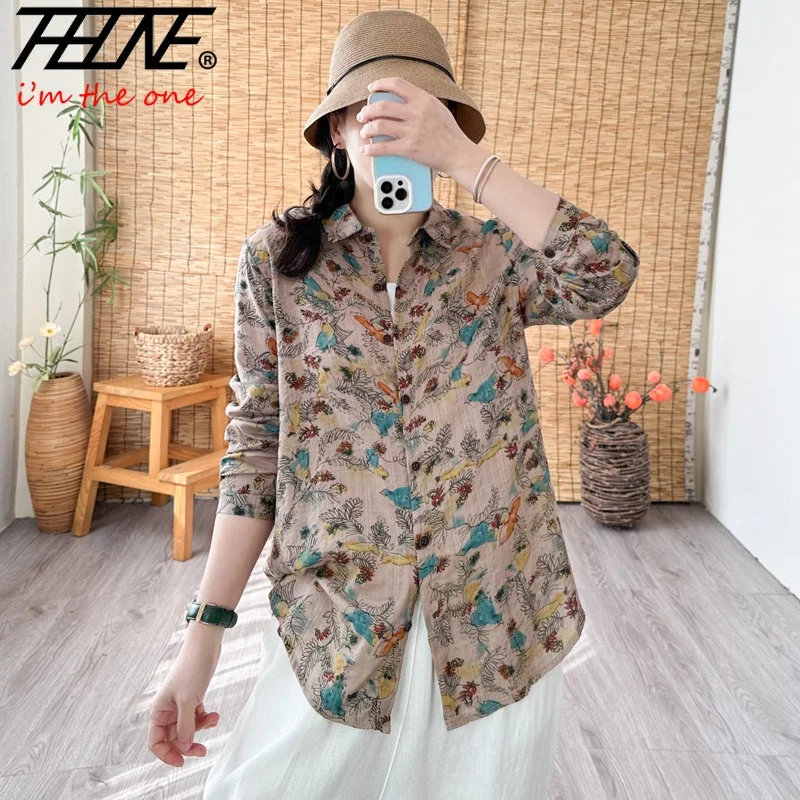 THHONE Women Plus Size New Shirts 2023 Oversized Blouses Korean Style Cotton Linen Printed Shirt Blouse Casual Top Blusas