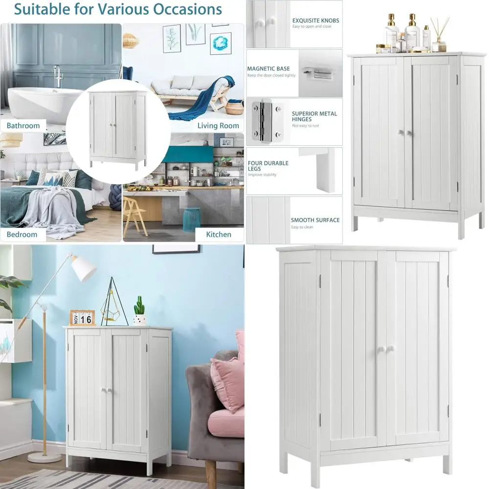 

Белый деревянный шкаф с двойными дверцами для организации хранения в гостиной и ванной комнате