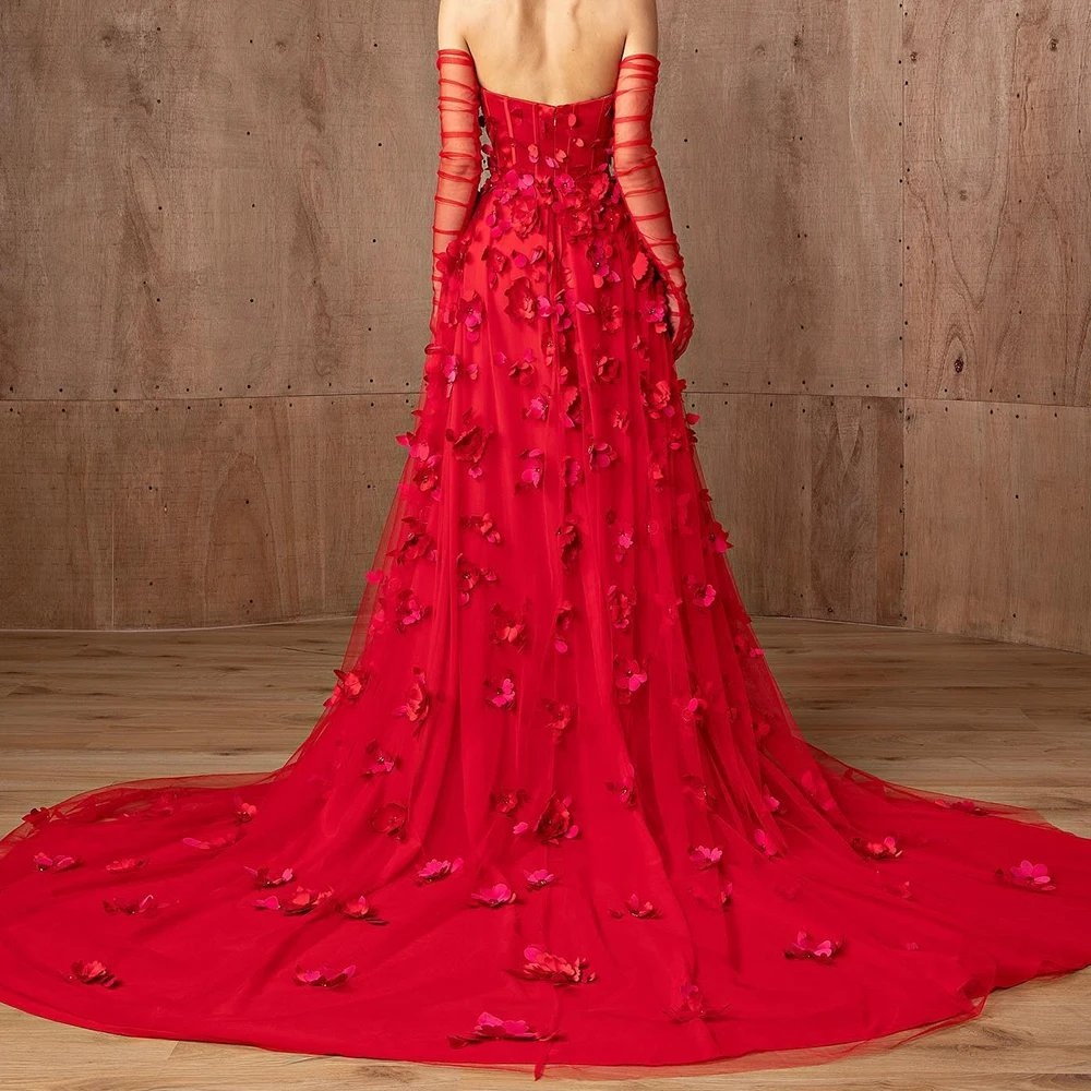 Temperament Panel Train Pleats Appliques Detachable Sleeves Evening Dresses Exquisite Red Straight Strapless Satin Party Gowns