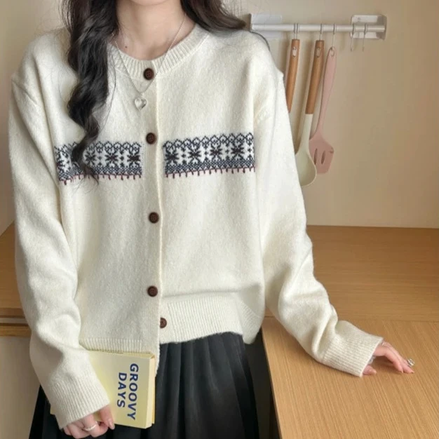 

Autumn Winter single-breasted Knitted Sweater vintage prined Sweaters youth Women Short Cardigan jacket Loose Crew Neck Fashion