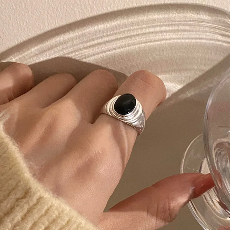 Foxanry Silver Color Ellipse Black Zircon Rings For Women Couples Trendy Personality Temperament Simple Birthday Jewelry Gifts - view 3