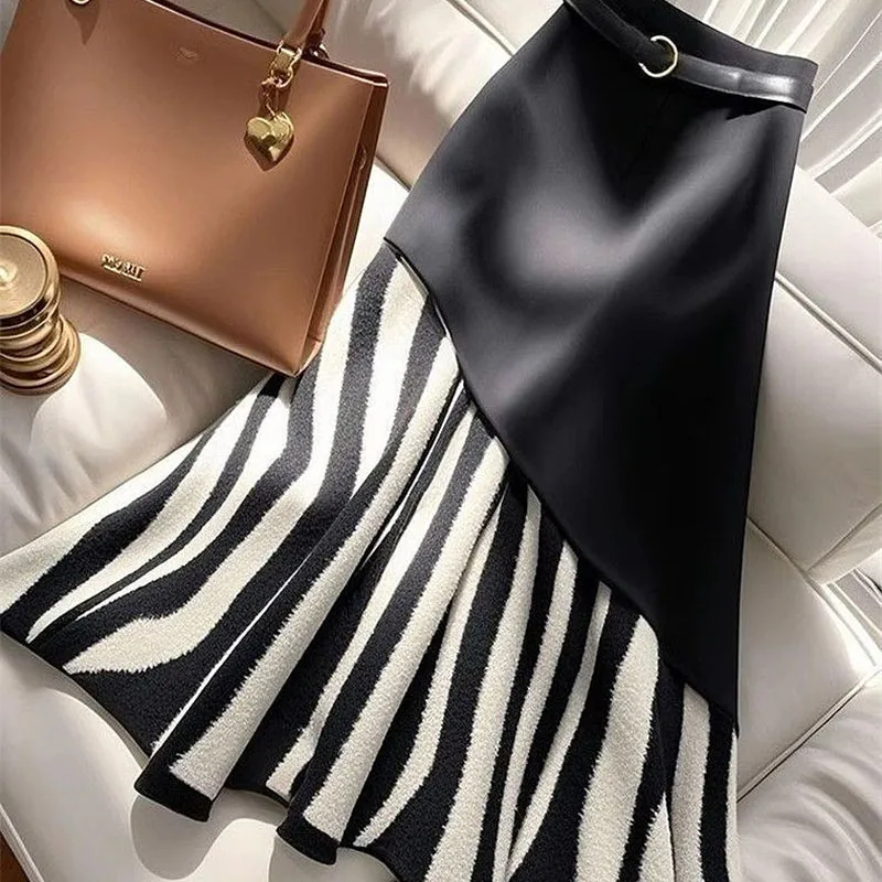 

Модная черная полосатая строчка для женщин, весна-осень 2023, новая юбка с высокой талией, средней длины, юбки средней длины, красивые