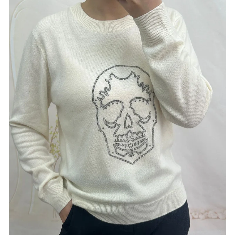 

Female Cashmere Pullover Skull Diamonds Black Jumpers Women Crew Neck Beige Knit Sweater Long Sleeve Light Pink Tops Sweaters
