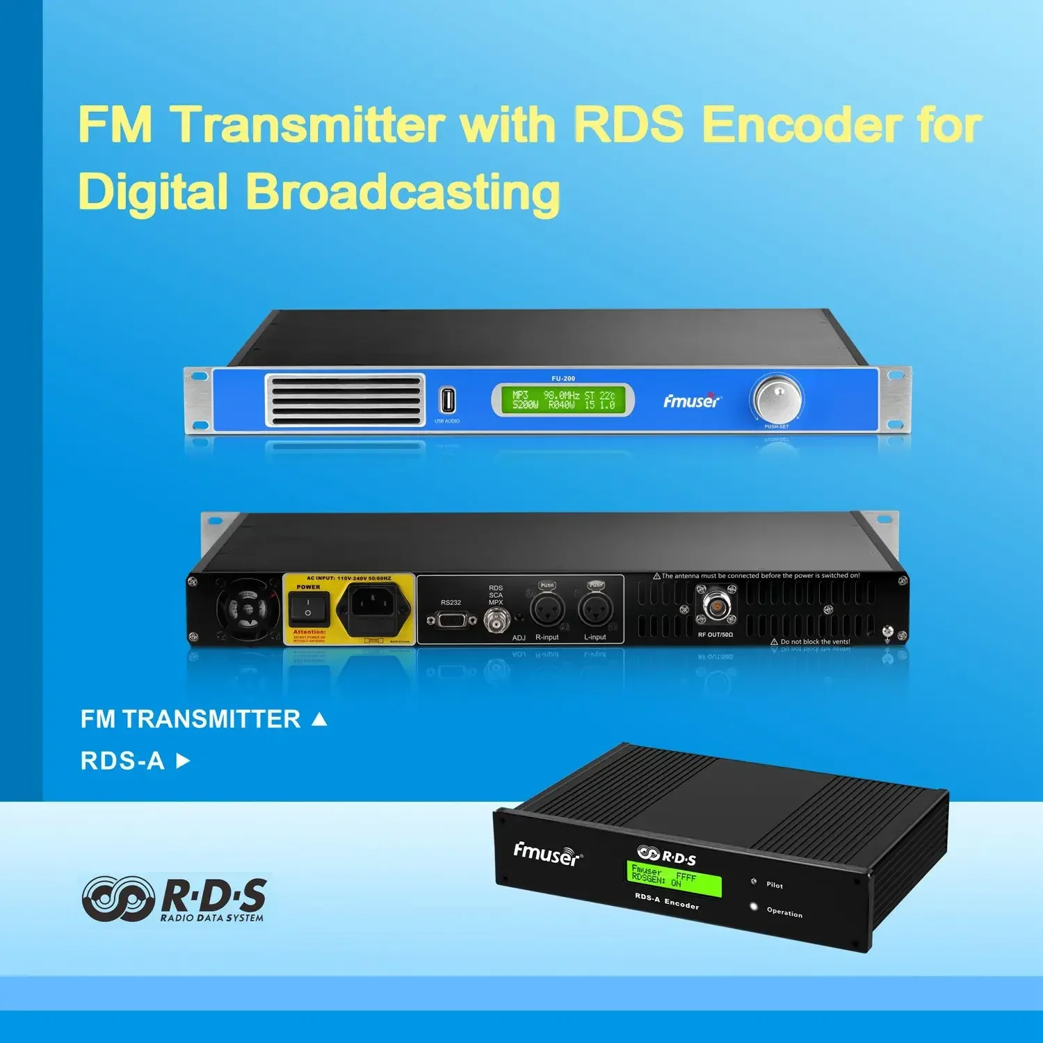 FMUSER FU-200A 200W Transmissor FM Broadcaster FM + Antena CP100 circularmente polarizada + Codificador RDS para estação de rádio
