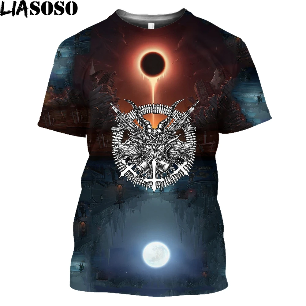 

LIASOSO New Sun and Moon Pattern Satan Devil Men's Popular Summer Fashion 3D Printing O Neck Tee Creative Top Pattern Tshirts