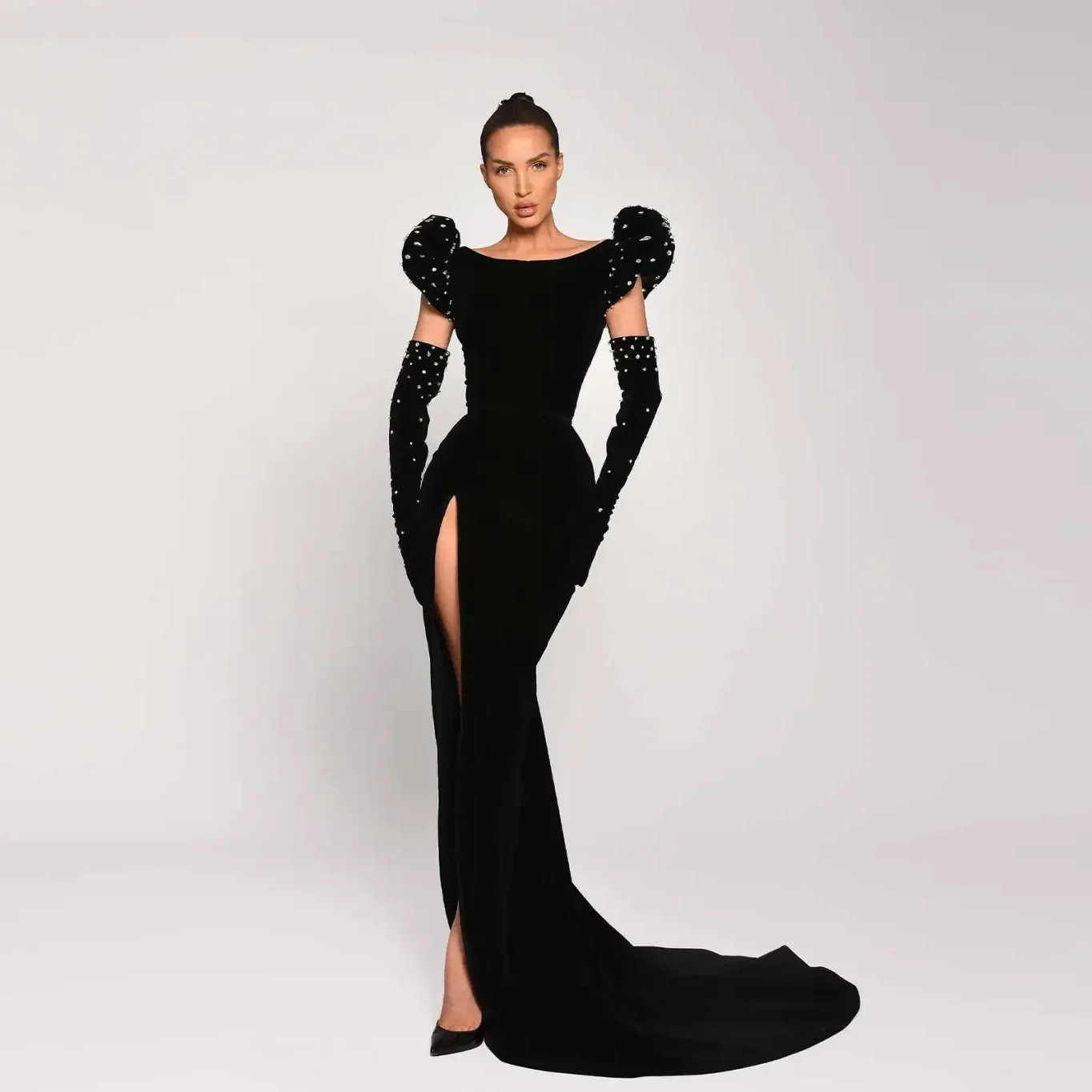 Vestidos de graduación de alta costura, guantes largos rectos de lujo, vestidos de noche árabes con cuentas, vestido Formal negro de terciopelo