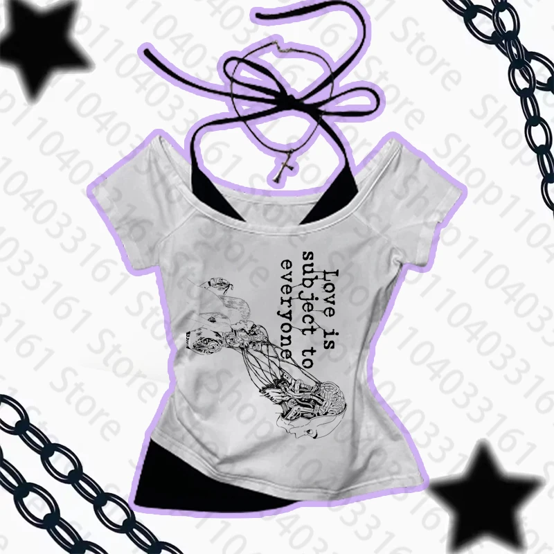 เสื้อยืดพิมพ์ลายสไตล์ฮาราจูกุยุค 2000 สำหรับผู้หญิง ทรงเข้ารูป สไตล์วายทูเค เรโทร กอธิค คาวาอี้