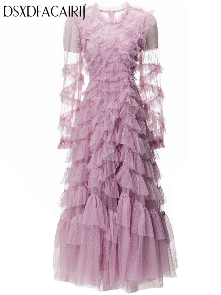 Dsxdfacairij vestido feminino vintage de malha com bolinhas, gola redonda, babados em camadas, manga lanterna, cor sólida, moda verão, roupas femininas