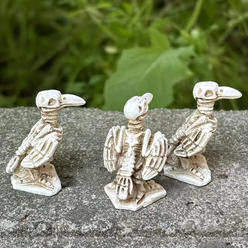 3pcs Skull Crow Miniature Model Halloween Resin Statue Dollhouse Home/Garden Scene Ornament Photography Prop Horror Atmosphere