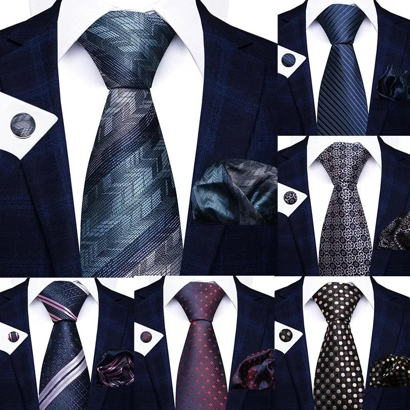 High-grade Polyester Silk Tie Men's Business Formal Neck Wear Neckties Solid Jacquard Tie Pocket Scarf Cufflinks Corbatas Set