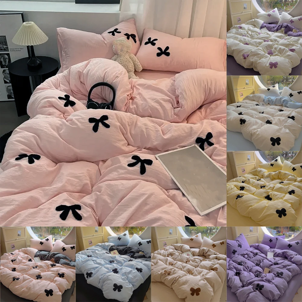 

2025 New Ins Style Bedding Set Washed Cotton Bow Towel Embroidered Duvet Cover Girls Gift Bedclothes for 1.2/1.5/1.8/2.0m Bed