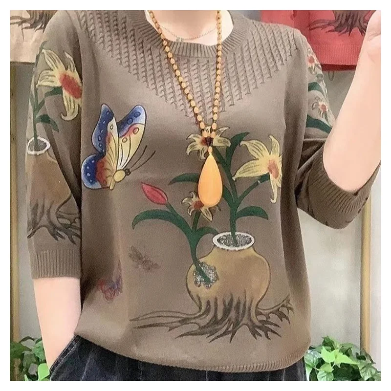 Suéteres estampados de malha com todos os fósforos, pulôveres com gola O, tops soltos, roupas casuais, nova moda, outono, 2023
