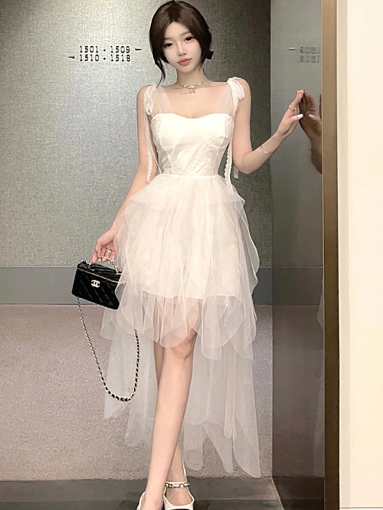 

Summer White Jacuqard Patchwork Mesh Ruffled Midi Dress Women Elegant Bow Sling Sexy Dress 2025 Korean Bodycon Birthday Dresses