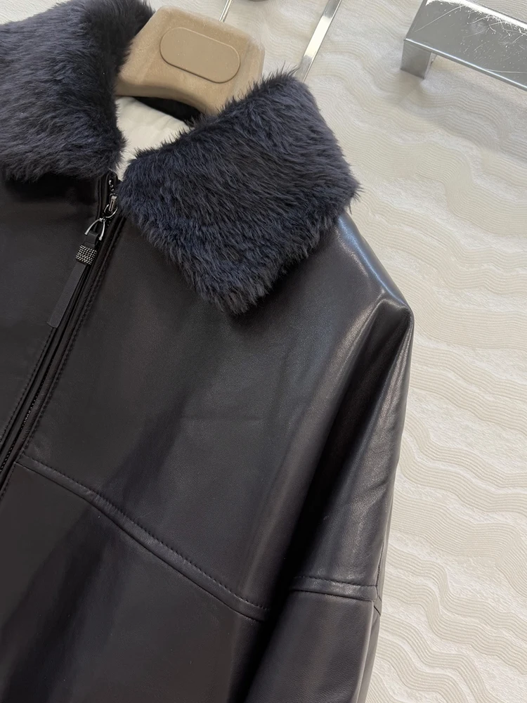 SVORYXIU Autunno Inverno Nuovo stile Retro Tasca con cerniera Colletto ribaltabile Giacca in pelle di montone Giacca in pelle nera moda donna