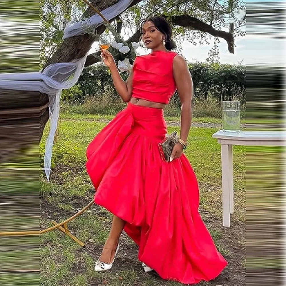 

Red Asymmetrical Skirt For Women Draped High Waist Long Skirt Without Top Christmas Office Lady Formal Party Skirt