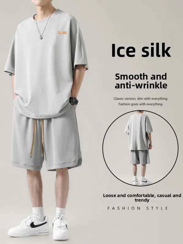 

Модный тонкий повседневный спортивный комплект из ледяного шелка большого размера для мужчин, лето 2022, новинка Sle ort Sve, футболка из двух предметов, комплект из полиэфирного волокна