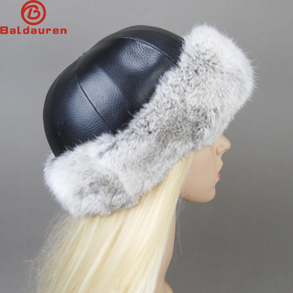 New Arrival Women's 100% Natural Rabbit Fur Bomber Hats Winter Russian Women Warm Real Sheepskin Leather Hat Male Real Fur Caps