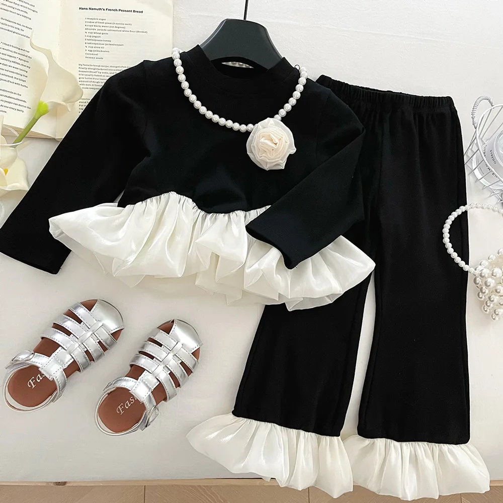 

Korean Style Autumn Kids Outfit Sets Cute Girls Flower Long Sleeve Tops With Flared Pants For Children Casual Daily Clothing