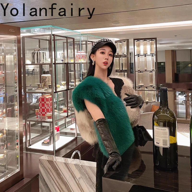 YOLANFAIRY بلوزة نسائية مستوردة من فرو الثعلب والمنك برقبة على شكل حرف v بتصميم قصير سترة فرو على طراز شارع العليا Csба2025