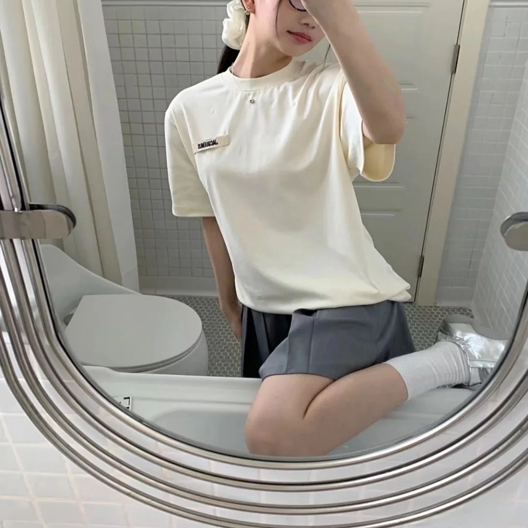 

Loose Fit Classic Logo Embroidery ort Sve Overhead T-irt Spring Summer Neutral Sle Cotton Creative Pattern round Ne