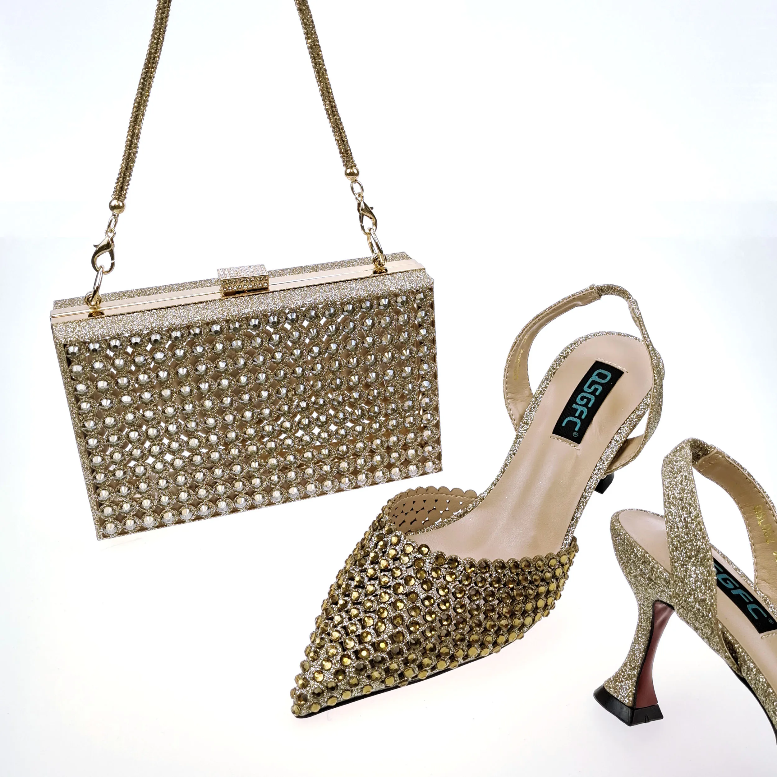 INS Hot Selling Full of Coloful Rhinestone and appliques Decoration Design Party Wedding Pointed Toe Lady High Heels and Bag Set