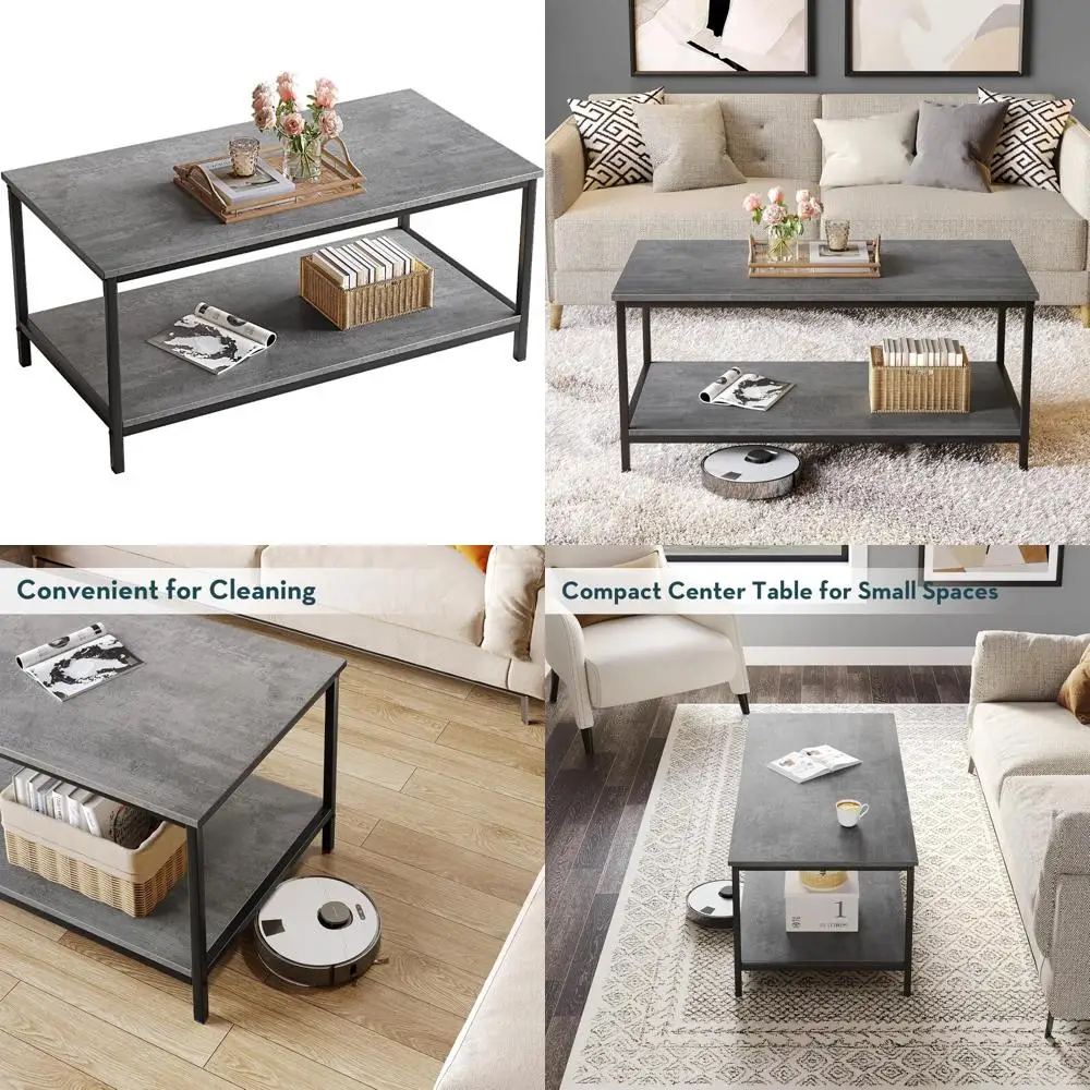 

2-Tier Industrial Style Coffee Table with Storage for Living Room, Rectangular Wooden Center Table for Small Spaces and Apartmen