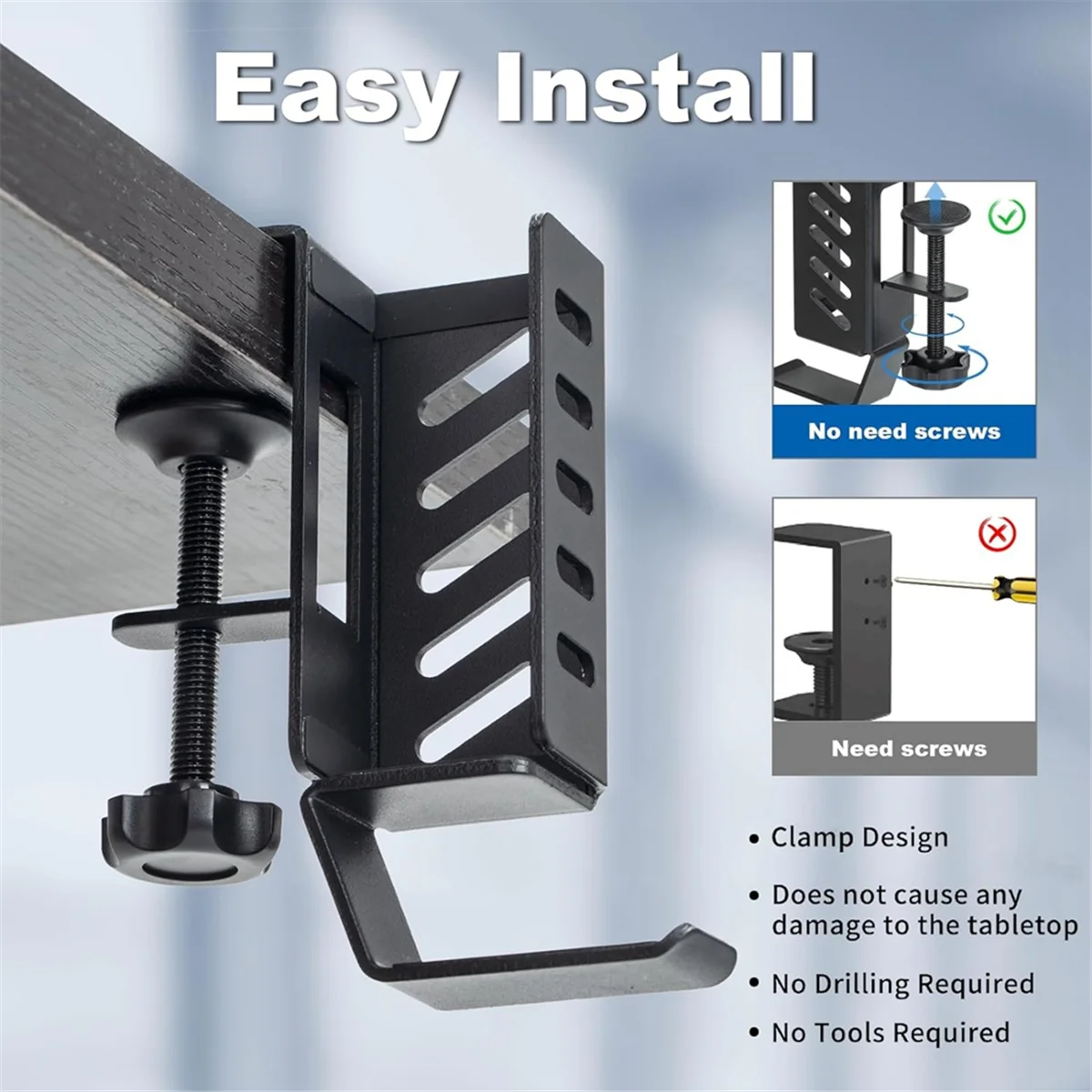 حامل كمبيوتر محمول عمودي من جانب المكتب، حامل كمبيوتر محمول بدون مثقاب، حامل كمبيوتر محمول معلق لجانب المكتب، مشبك على المكتب باللون الأسود