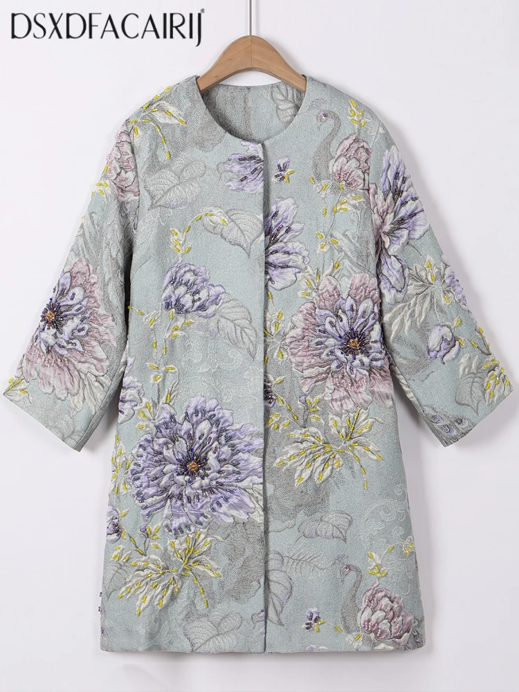 DSFACAIRIJ Women's Vintage Jacquard Coat O-Neck 4/3 Sleeved Pockets Beaded Peacock Design Covered Button Outerwear for Autumn