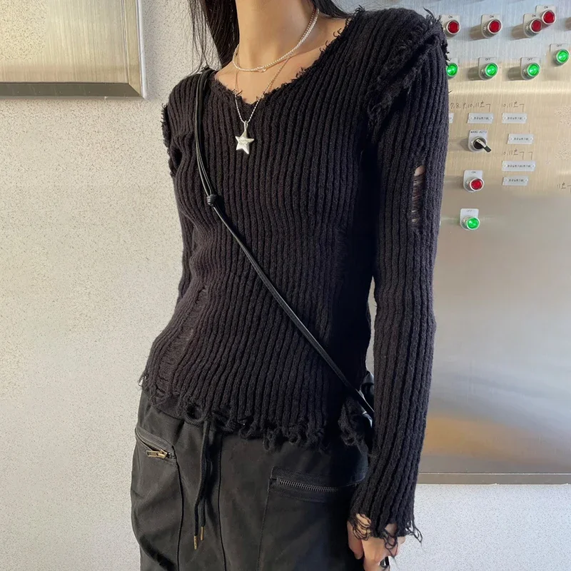 ALLUKASA Vintage Dark Academia Knitted Sweater Punk Ripped Out Cropped Pullovers Y2K MallGoth Harajuku Jumpers Chic Retro Grunge