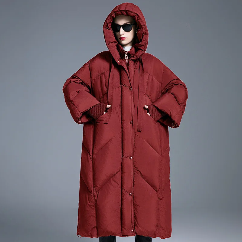 Luxury High Quality Oversized 90% Down Trench Coat Winter Warm Hooded White Duck Down Coat Thick Down Long Puffer Jacket Trendy