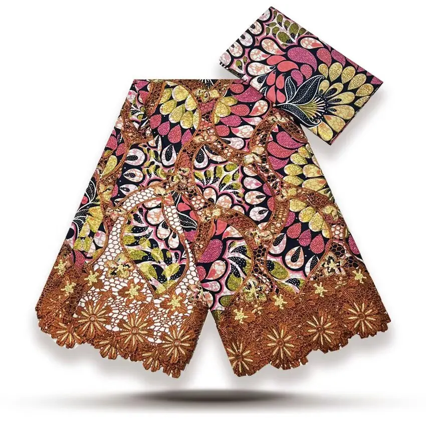 

3Yards Embroidery Printed Ankara Wax Fabrics+3Yards Glam Glitter Grand Golden For Sewing Lady Dress
