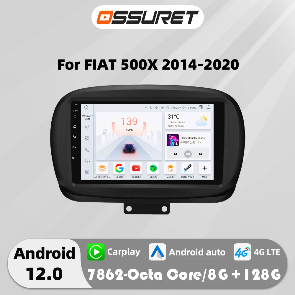 

9"Android 12 Autoradio multimedia player For FIAT 500X 2014-2020 GPS navi Stereo 7862 Octa Core Carplay 4G WIFI head unit Screen