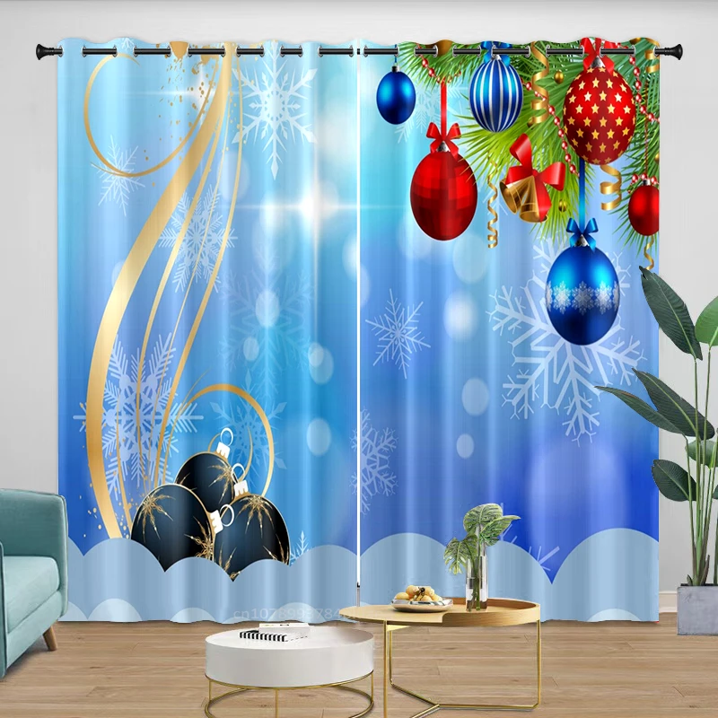 

Curtains Merry Christmas Blue Bell Snowflake Pattern HD Printing Luxury Living Room Bedroom Balcony Kitchen Decoration Blackout