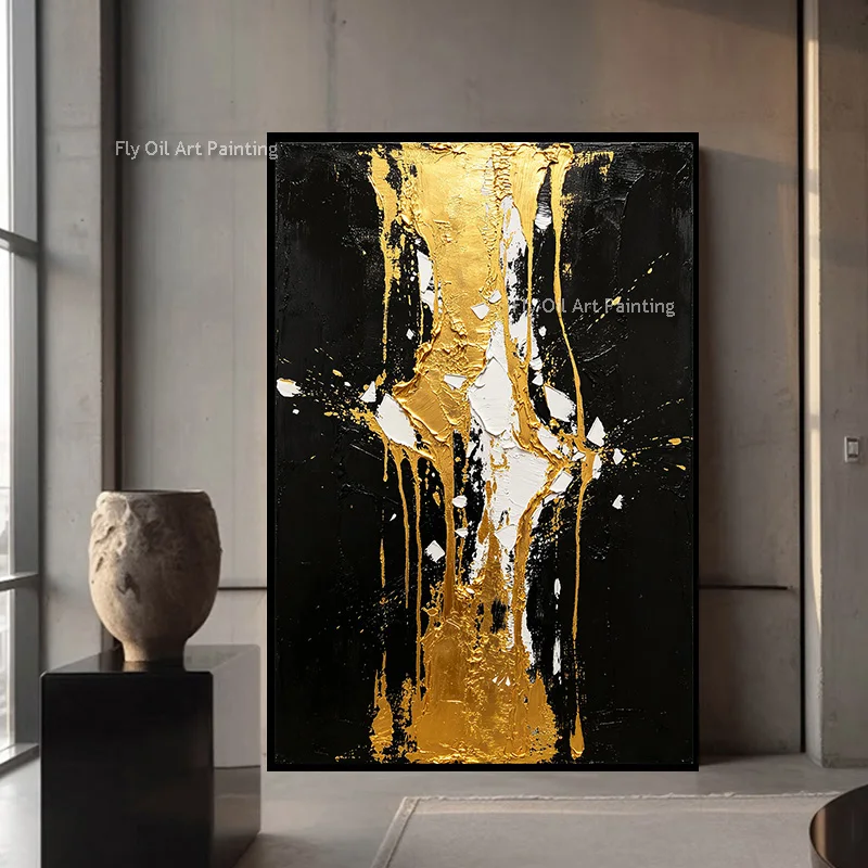 Luxury Artwork Black And Golden Yellow Thick Wall Art Items Fashional Hand Painted Gold Foil White Canvas Oil Painting For Decor