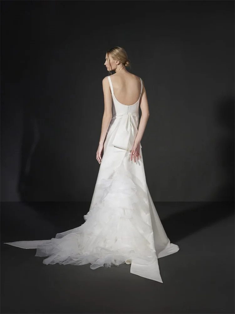 Robe de Mariée Sirène en Satin à Bretelles Fines, avec Fermeture Éclair au Dos, Longueur au Sol, en Tulle, avec Traîne de Balayage, pour Mariée