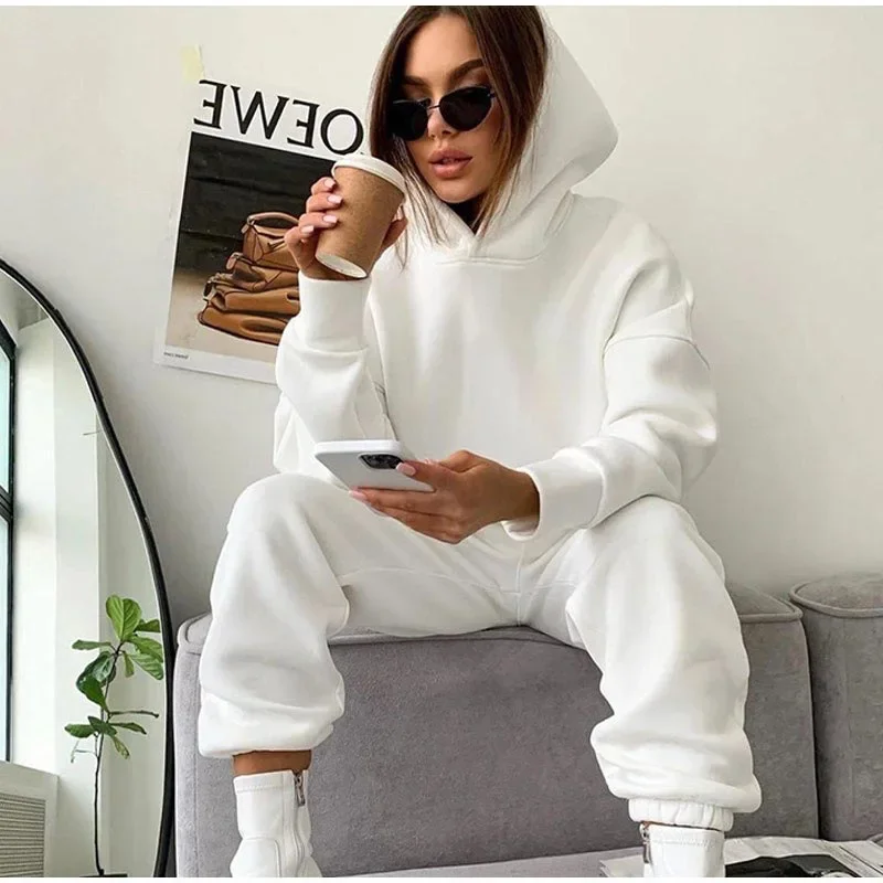 Women Tracksuit Sports Two Piece Sets Hooded Sweatshirts Streetwear Pants Solid Suit Sweatpants Jogging Trousers Autumn Outfits