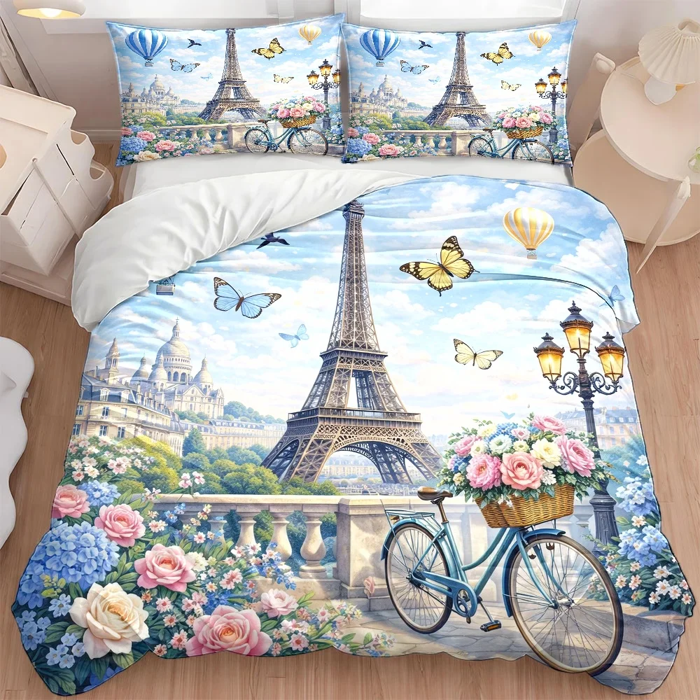 Paris Eiffel Tower Romantic Floral Bicycle Bedding Set 2D Flat Printed Duvet Cover Set, Machine Washable, Invisible Zipper, Large Duvet Cover Set, Bedding Set, Quilt Cover