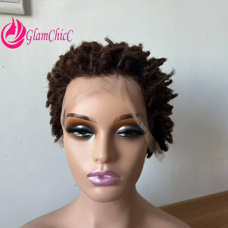 

High Quality 13x4 Lace Front Afro Kinky Curly Caterpillar 4# Natural Color 6inch Human Hair Wig Brazilian Virgin Remy180%Density