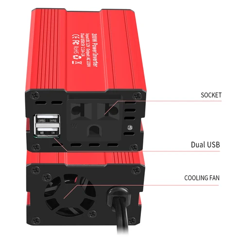 Imagen 2 del producto Inversor de corriente de 500W, 1500W, 4000W, CC de 12V a CA 220V, enchufe europeo con ventilador de refrigeración USB-C QC3.0 para uso doméstico en el coche