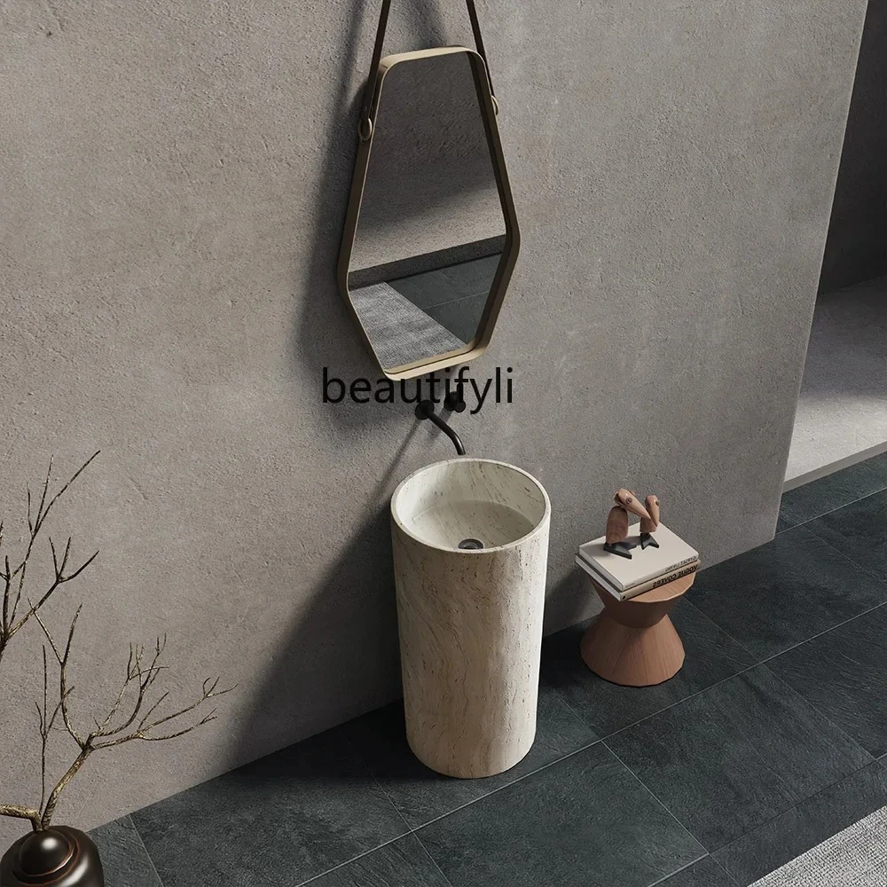 

Medieval beige travertine round integrated forming floor washing hand washing face column basin villa hotel bathroom