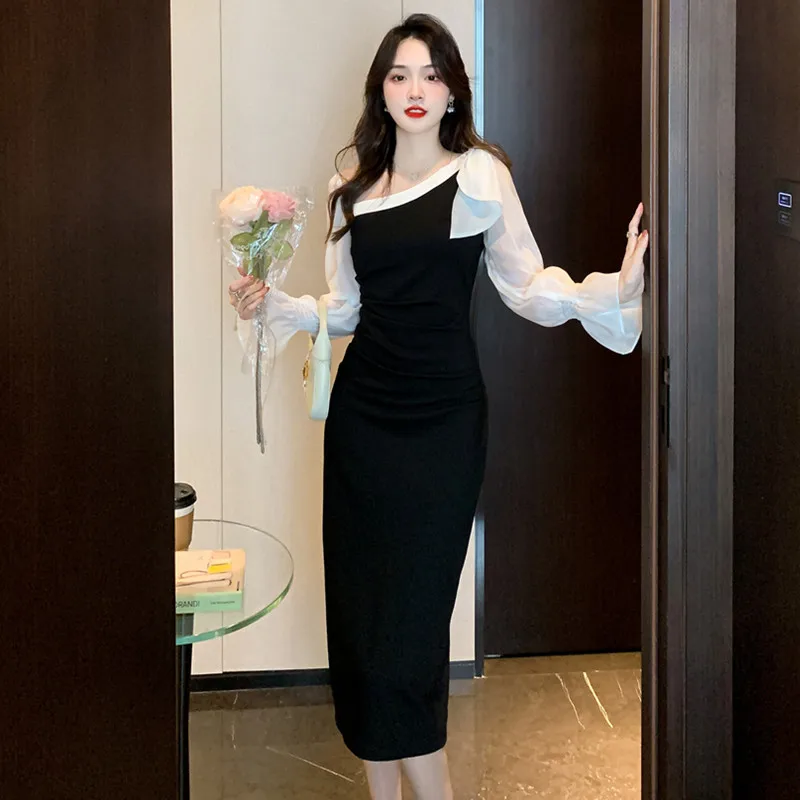 Autumn Vintage Party Black Dresses Women Korean Elegant Chic Diagonal Collar Office Lady Long Sleeve Patchwork Bow Midi Dress