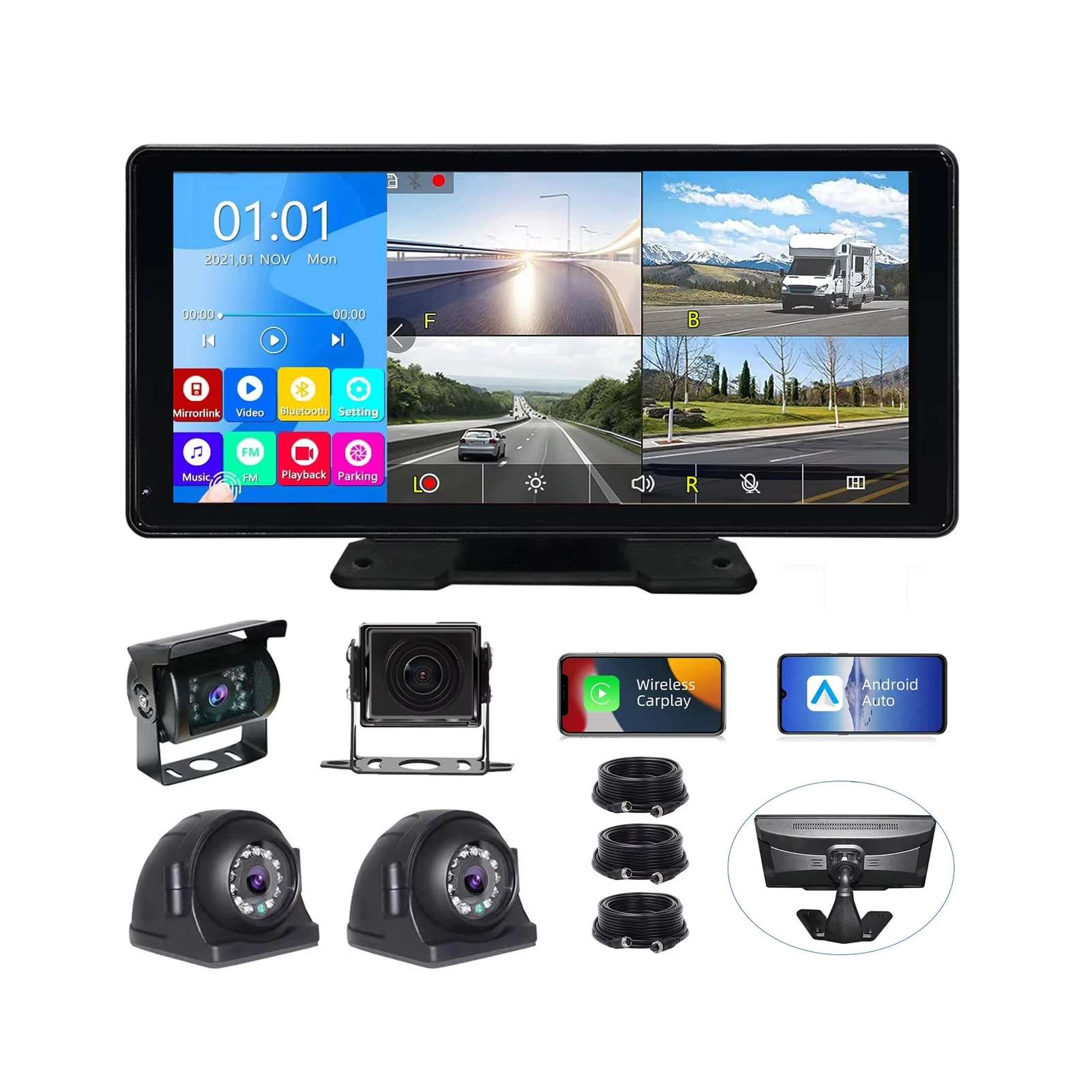 1080P Waterproof Camera Night Vision for Car Truck RV Bus Trailer 10.36 Inch CarPlay Auto Touch Screen DVR with 4CH AHD view 3