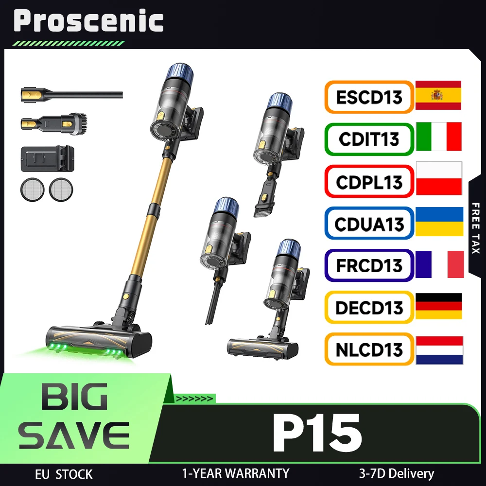 Aspirateur balai sans fil Proscenic P15, autonomie de 70 minutes, aspiration puissante de 50 kPa 580 W, brosse anti-emmêlement, lumière verte, 6 couches