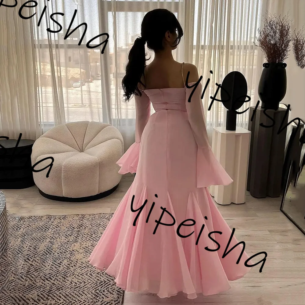 Customized Exquisite Chiffon Pink Simple Evening Prom Dresses Pleat elegant A line Three quater Sleeve Boat neckline Dress