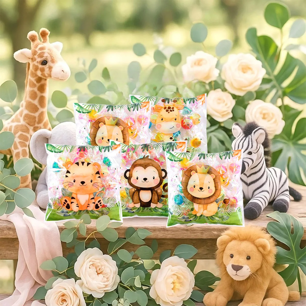 50/100 Stück Safari-Tier Selbstklebende Geschenktüten Löwen-Tiger-Design Cellophan-Süßigkeitentüten für Erste Geburtstagsfeier-Zubehör – Detail 8