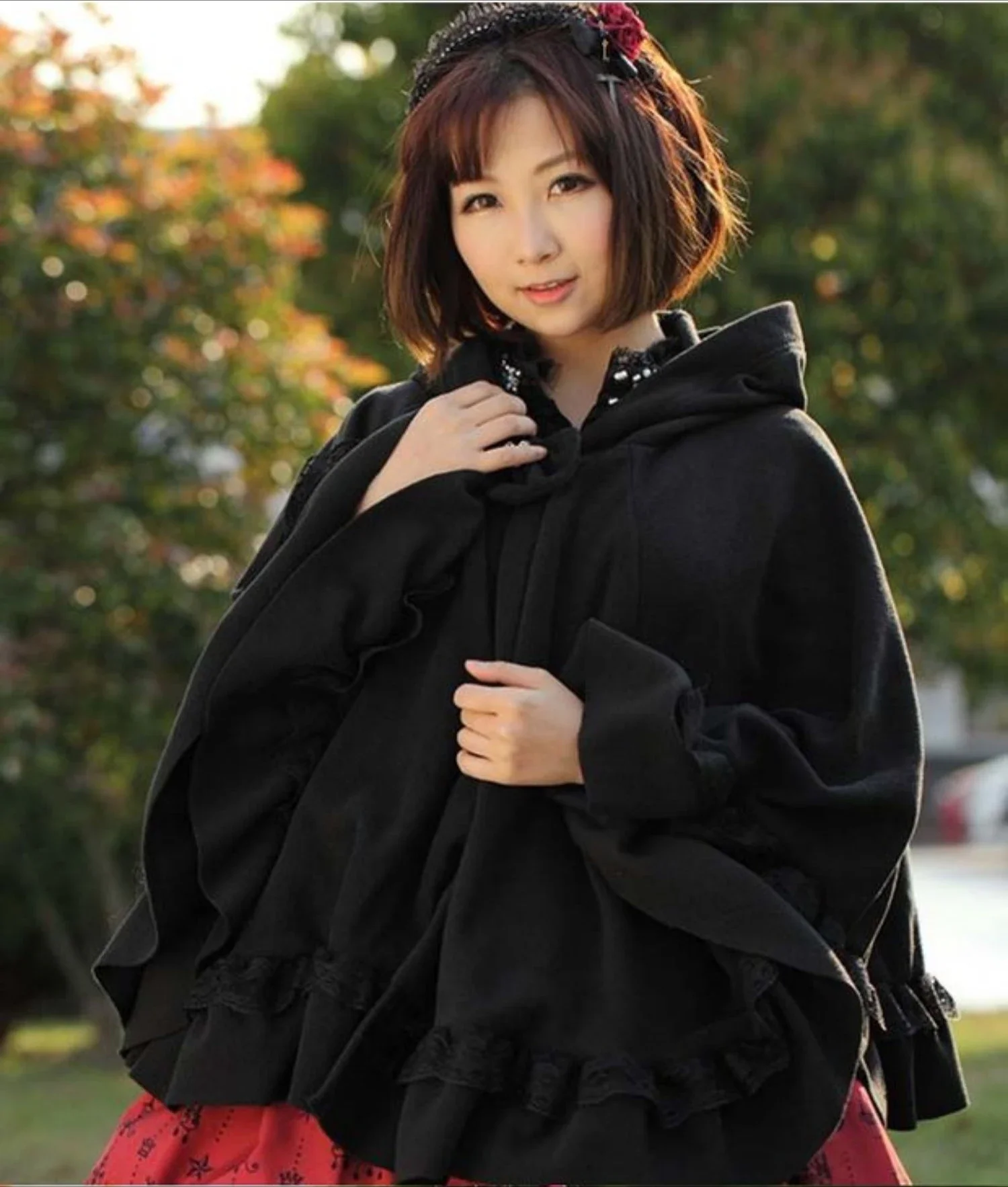 ロリータ　フード付き黒ポンチョ・ケープコート 女性のための和風フリースロリータケープ,フード付きケープオーバー
