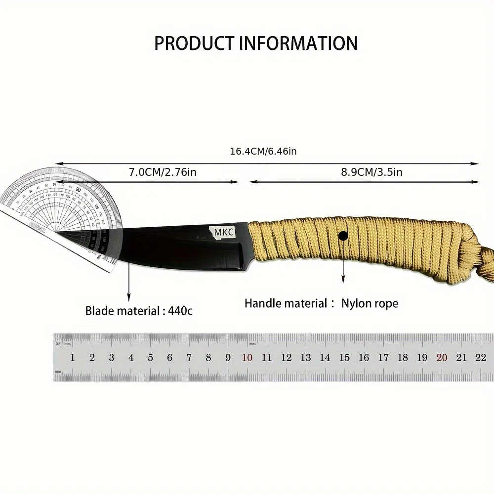 MKC Fixed Blade Outdoor Straight Knife Nylon Rope Handle EDC Multitool Camp Hunting Survival Fishing Portable with Kydex Knife