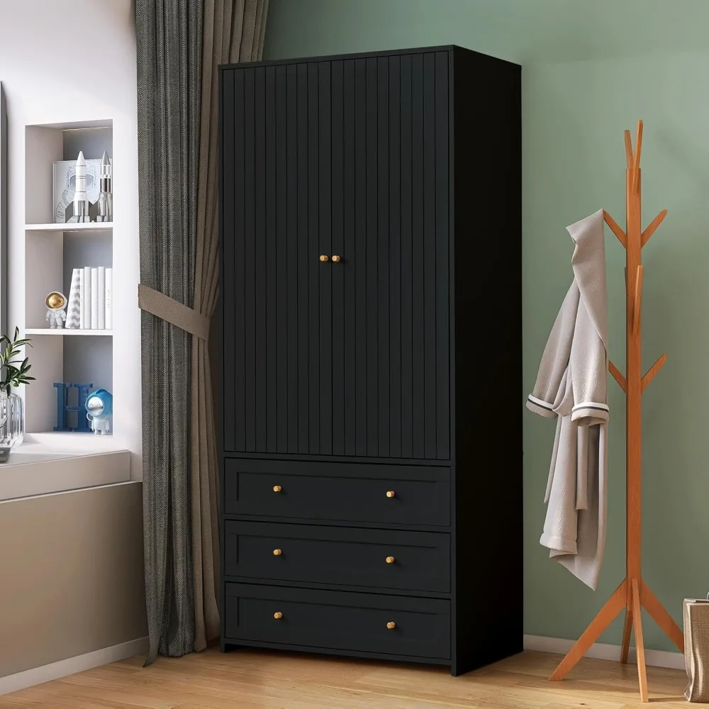 Wardrobe Closet Armoire, Wooden with 2 Doors, 3 Drawers Household Freestanding Wooden Closet Storage Cabinet